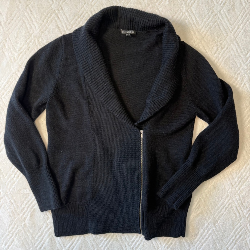 Minimalist Quiet Luxury Eileen Fisher Merino Wool Asymmetrical Zip Cardigan M
